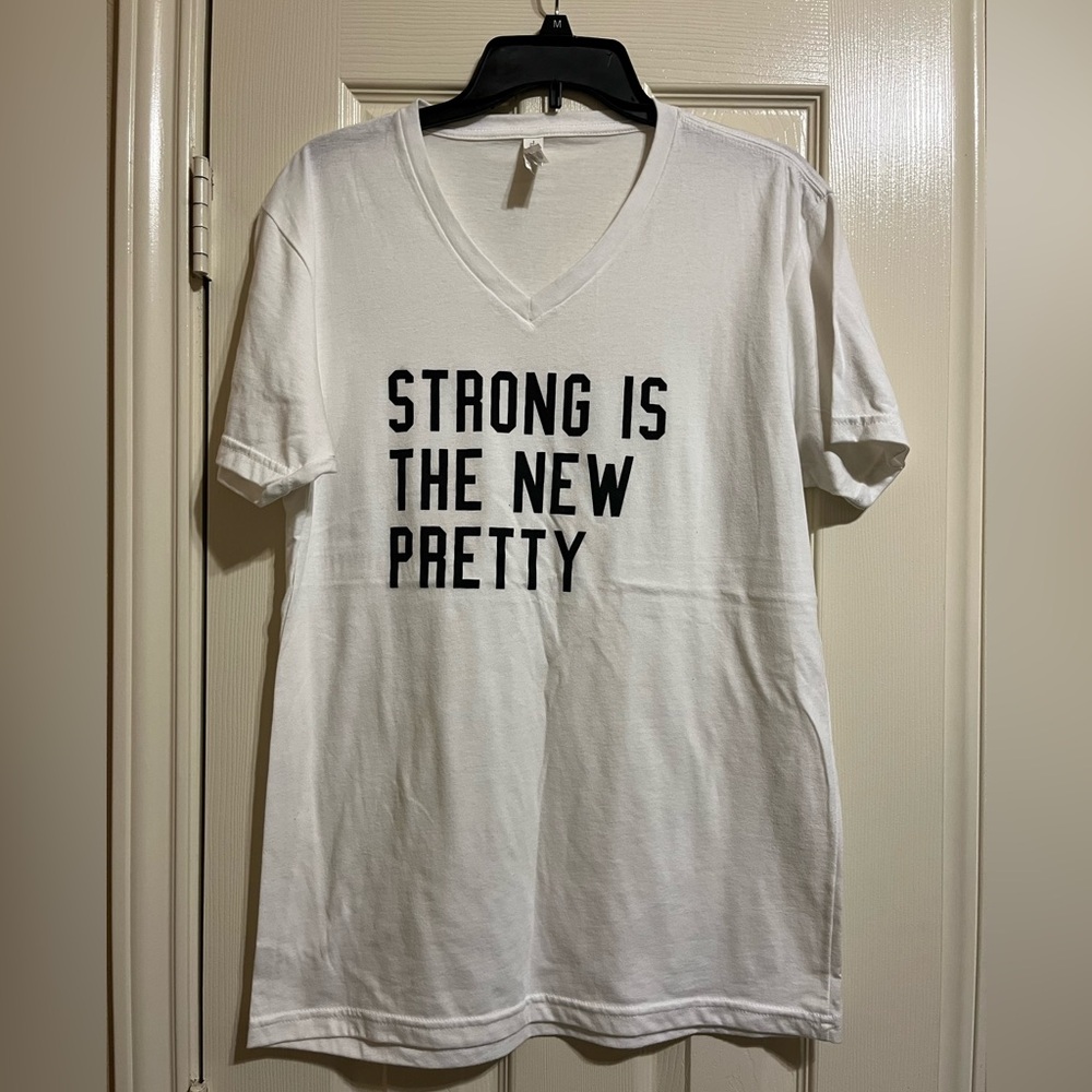 White V-Neck T-Shirt with Bold Text
